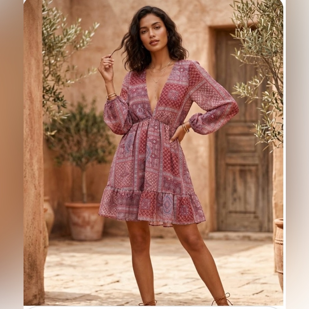 Aakaa Mauve Pink Printed V-Neck Mini Dress